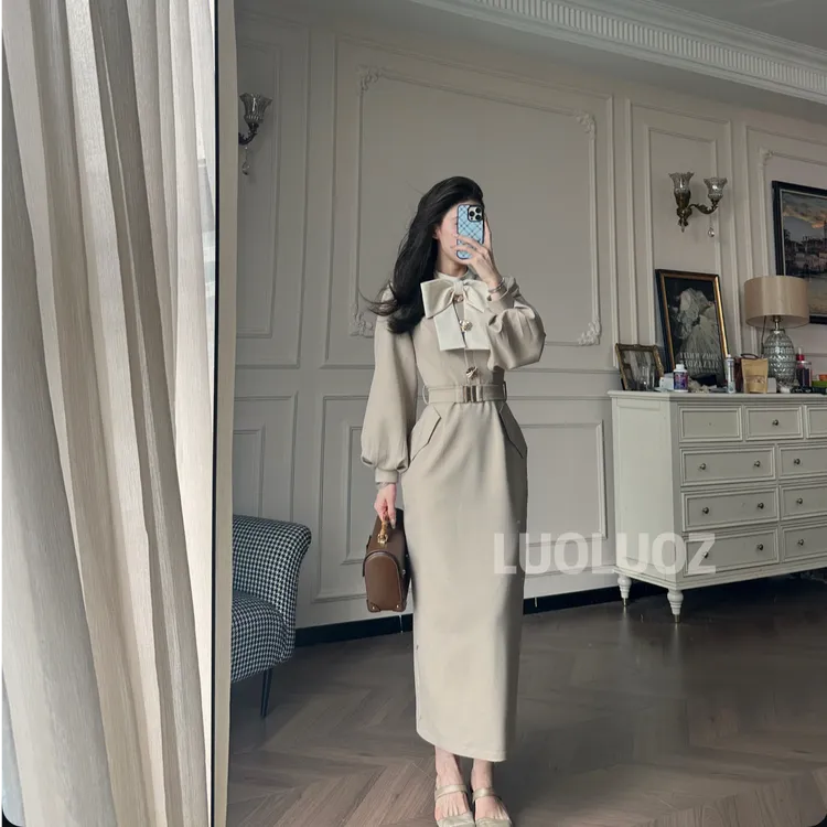 【现货】LUOLUOZ【秋日布蕾】轻奢拼接蝴蝶结设计感长款连衣裙CC231