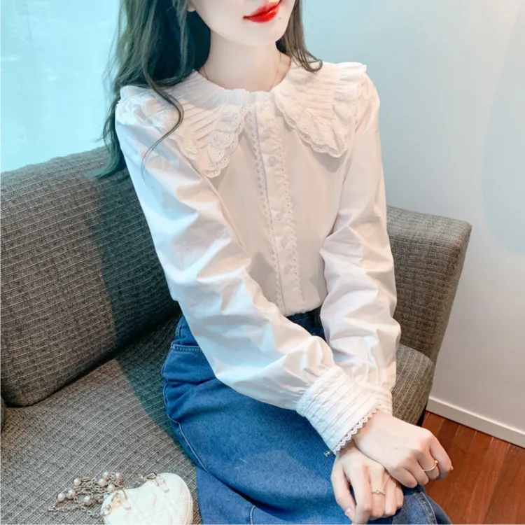 法式娃娃领长袖白色衬衫女春秋2025新款减龄衬衣时尚宽松显瘦上衣