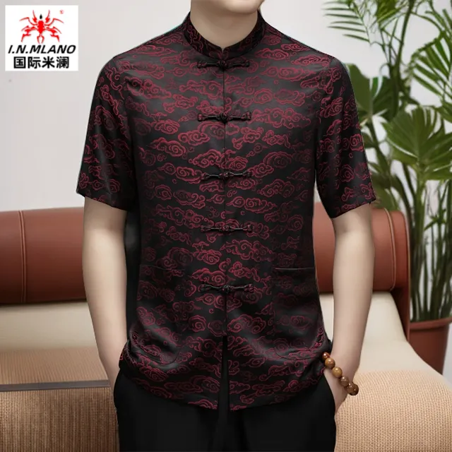 桑蚕丝唐装男中老年休闲汉服夏季薄款短袖爸爸装中国风新中式衬衫