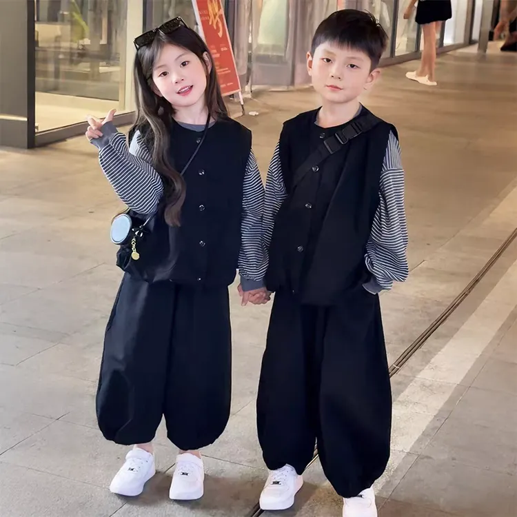 儿童秋季套装男女童兄妹春秋亲子装打底衫灯笼裤痞帅三件套潮酷