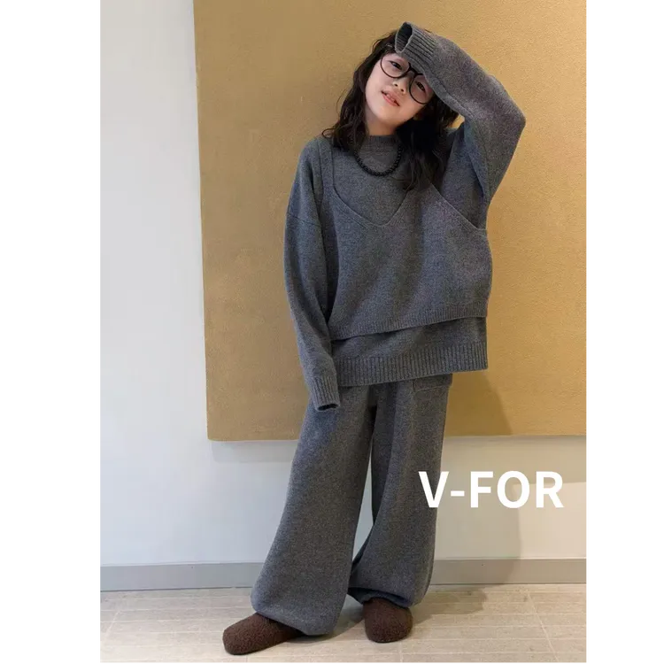 V-for百分百纯羊毛套装女童厚款冬季保暖三件套双面时尚加厚套装