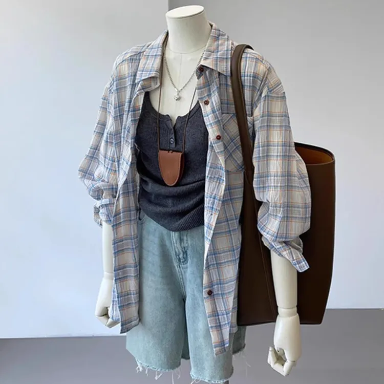 【杭州意法好货】韩式松弛感宽松彩色撞色简约纯粹翻领小格子衬衫女