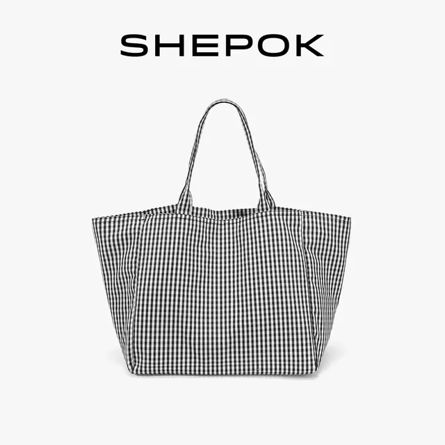SHEPOK新款黑白格子包大容量百搭手提包文艺学院风慵懒单肩托特包