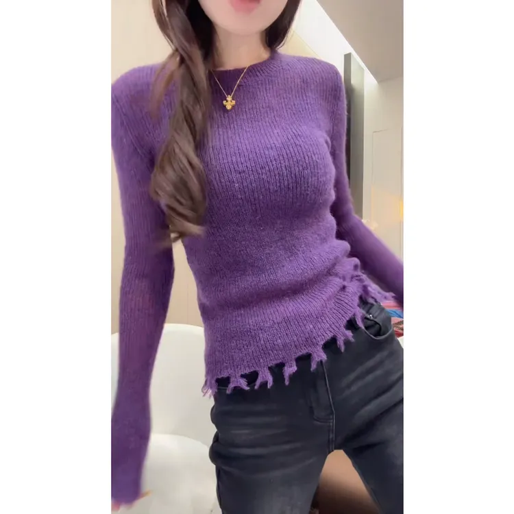 冬季中比例毛衣圆领毛衣女修身显身材长袖毛边针织衫LK2508858