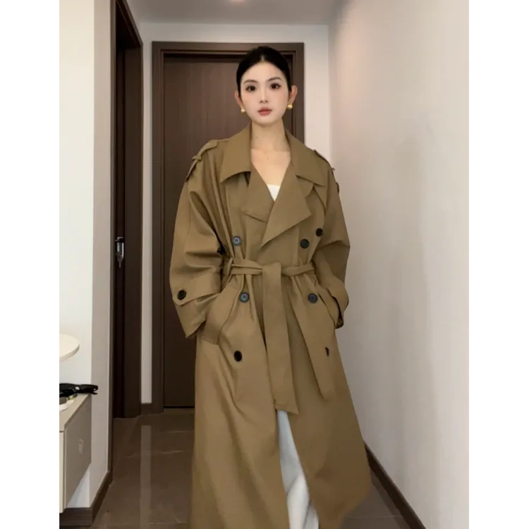 巴黎旧梦卡其色廓形显瘦双排扣长款气质风衣外套女宽松高级感大衣