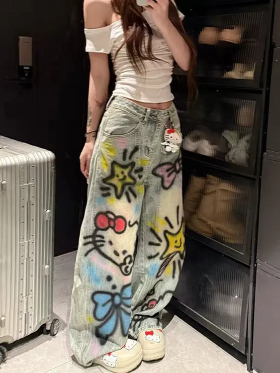 美式复古卡通涂鸦设计KT猫印花牛仔裤女夏季透气辣妹女装弯刀裤子