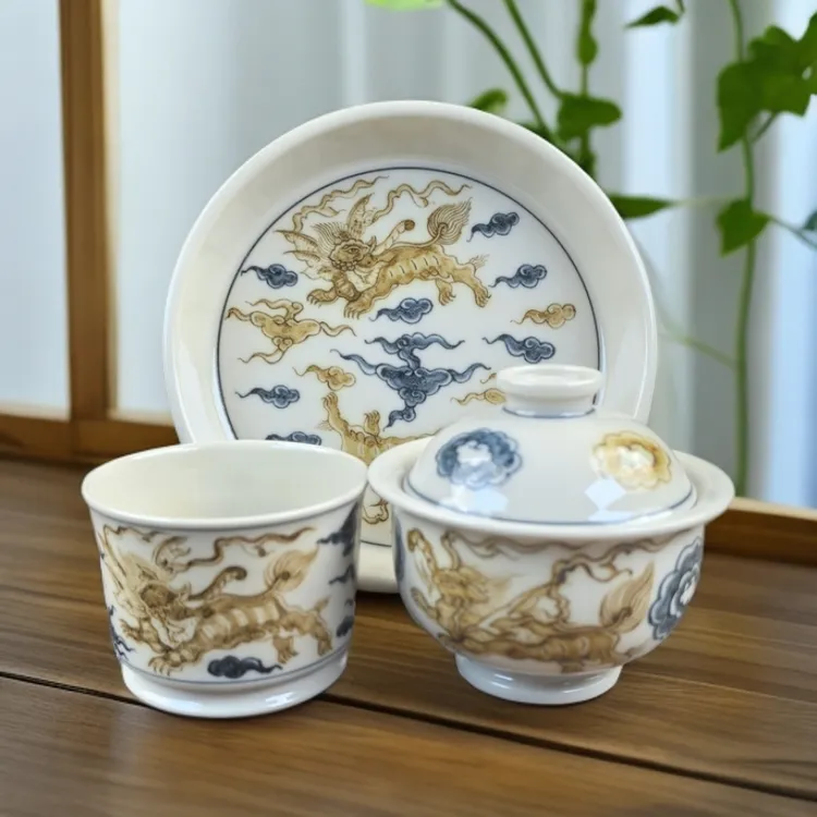 景德镇市陶瓷纯手工手绘青花釉里金龙纹盖碗壶承主人杯茶具