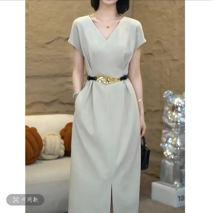 优雅迷人知性大方短袖连衣裙2025夏季灰色收腰显瘦通勤开叉A字裙