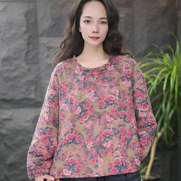 JJ【夹棉】木耳边领长袖保暖圆领碎花娃娃领棉衣棉服春季衬衣打底衫
