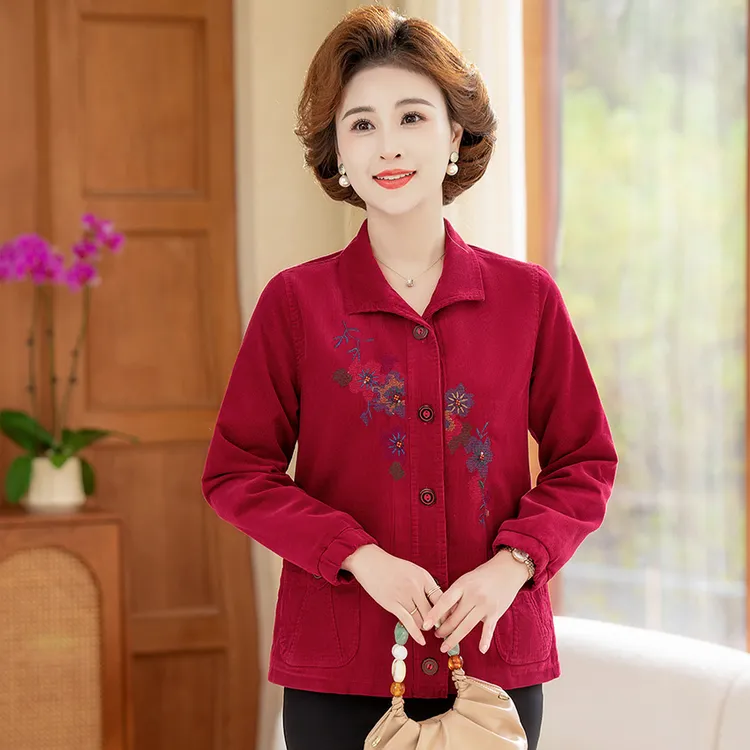 老年人春装女细条灯芯绒外套薄款老太太纯棉衣服大码奶奶翻领上衣