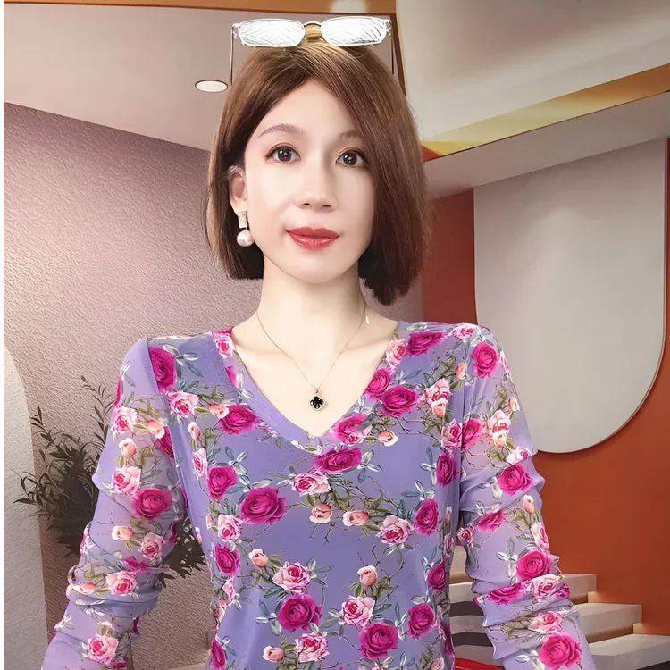 打底衫碎花显瘦长袖时尚修身印花大码2025秋季冬季高档百搭小衫潮