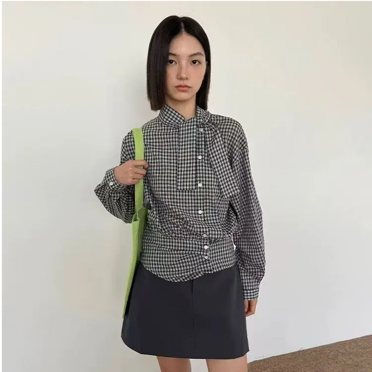 日常减龄 蓝色格子设计感小众套头衬衫飘带领绑带长袖上衣