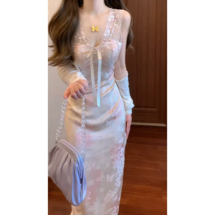 法式温柔风情万种纯欲修身蕾丝拼接连衣裙&防晒空调开衫9609