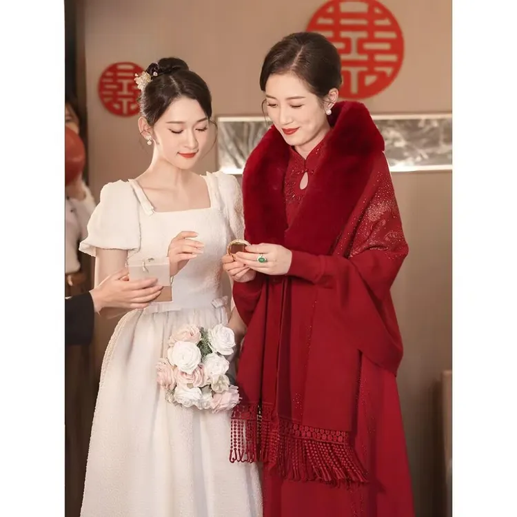 高端秋冬羊绒大毛领带袖披肩配旗袍外搭婚宴妈妈婚礼服保暖外套