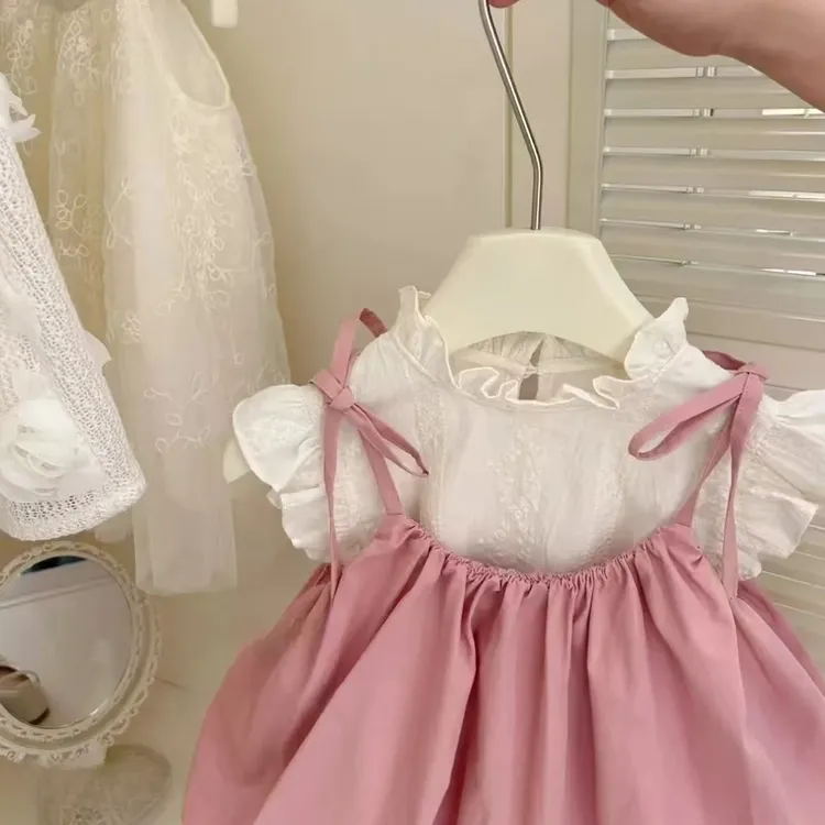 女童夏季新款套装蕾丝花边飞袖T恤吊带花苞裙洋气女宝两件套2025