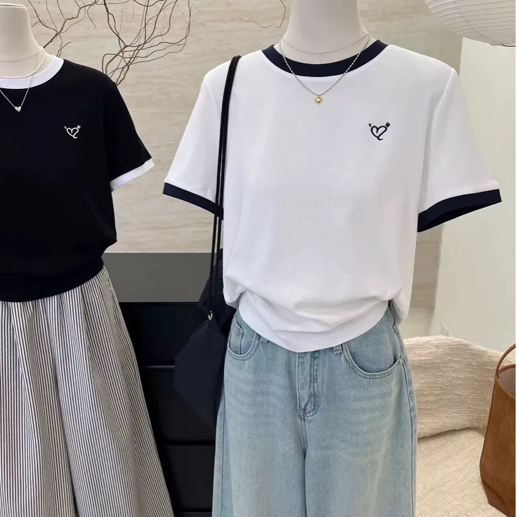 韩系刺绣撞色短袖女2025夏季百搭圆领短袖气质休闲短款高端上衣女