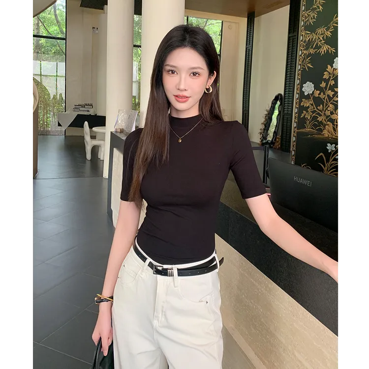 半高领黑色短袖t恤女2025秋季中袖打底衫女修身半袖百搭上衣显瘦