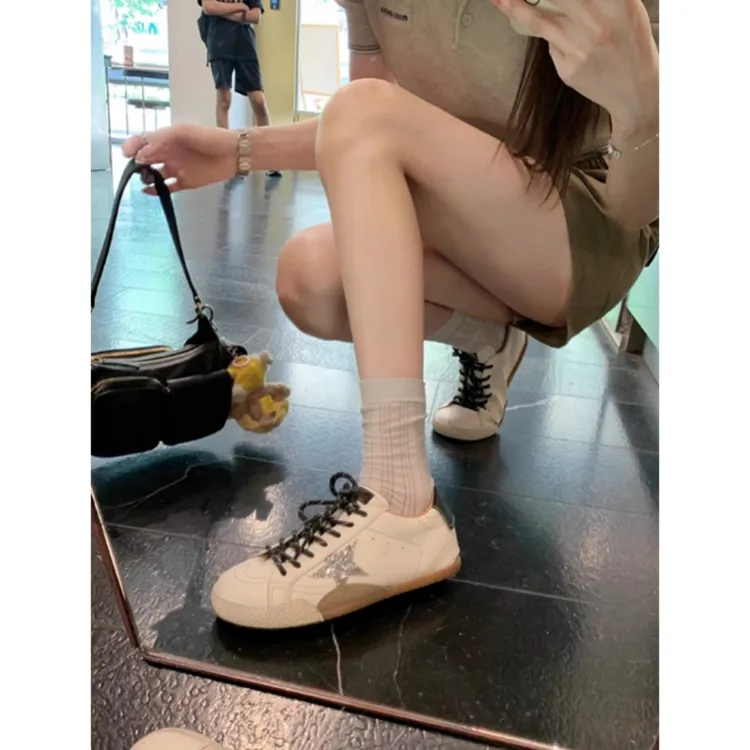 星星做旧小脏脏鞋女2025新款百搭德训鞋休闲复古鸳鸯鞋带板鞋女