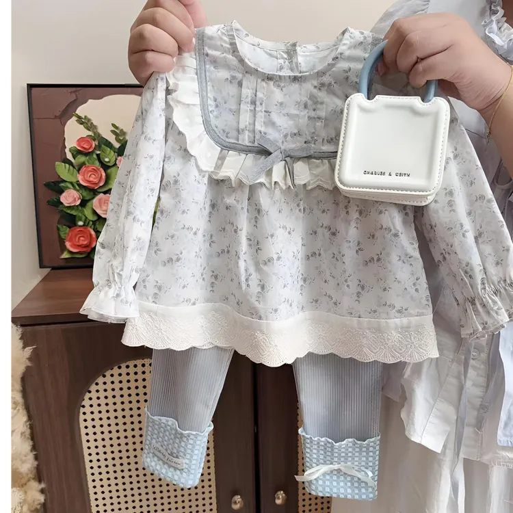 百搭法式碎花立领少女长袖春秋翻领圆领衬衫娃娃领复古女童套装