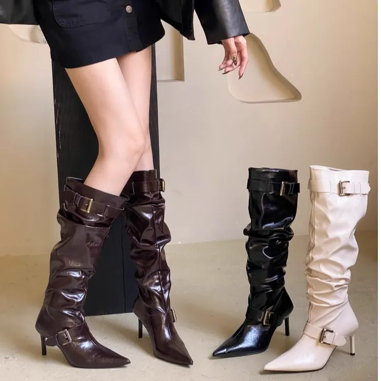 2025秋冬新款皮带扣细跟中跟高跟长靴褶皱女靴堆堆靴马丁靴西部靴