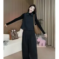 秋冬新款高级感时尚气质3262韩版格子短款马甲+打底衫+直筒裤套装