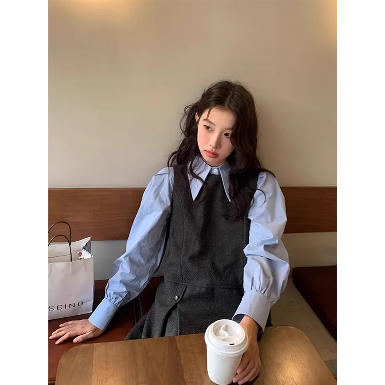 【现货+运补】学院风法式灰色背心连衣裙收腰衬衫短裙子两件套装