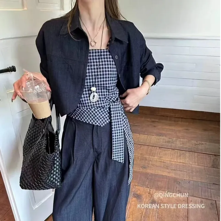 【三件套】2025早秋新款韩版时髦高级感格纹长袖短外套休闲阔腿裤