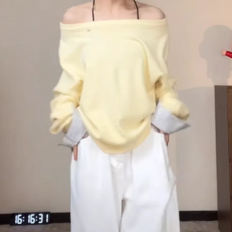 韩系斜肩低圆领针织打底衫女2025春秋新款小众设计感套头长袖上衣