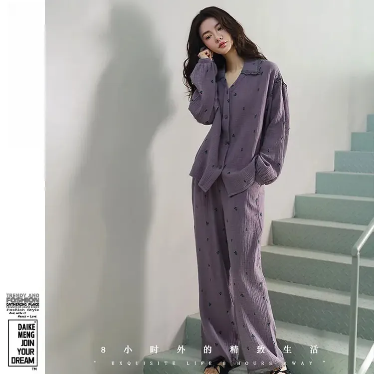 田园小花紫色郁金香睡衣套装女春秋2025新款长袖长裤家居服两件套