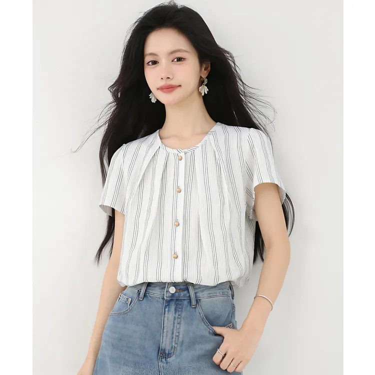 2025新款夏季韩版宽松圆领百搭条纹衬衫女士气质短袖衬衣法式小衫