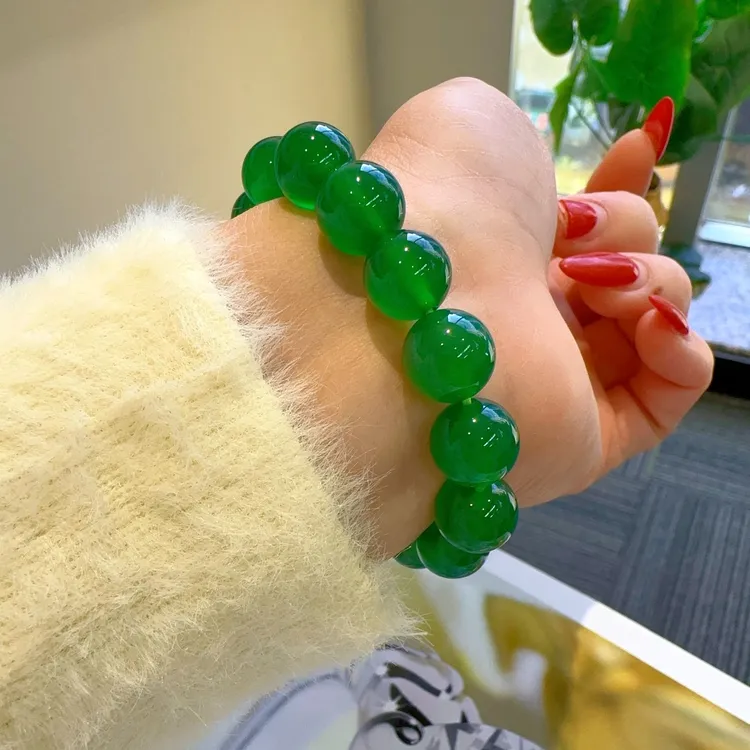 QIAOZUN/巧尊天然玉髓12mm手链单圈绿色玉手串时尚菠菜绿辣绿冰绿