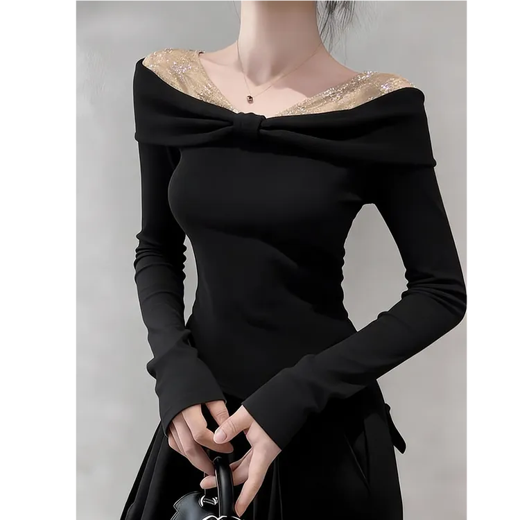 2026春秋冬季法式浪漫风一字肩蕾丝拼接长袖T恤高级感气质上衣