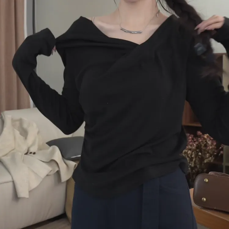 2025新款斜肩设计荡领设计感显瘦上衣LK2502022
