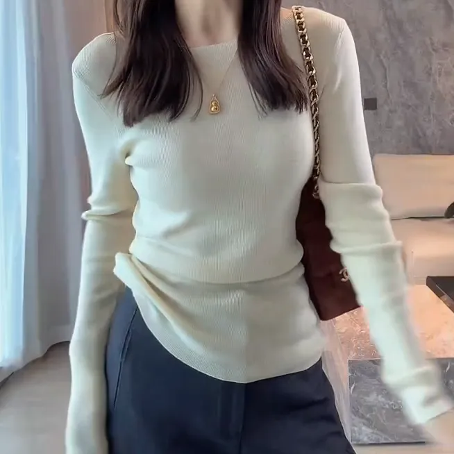 琥珀系一字领长袖针织打底衫内搭气质上衣女C5993