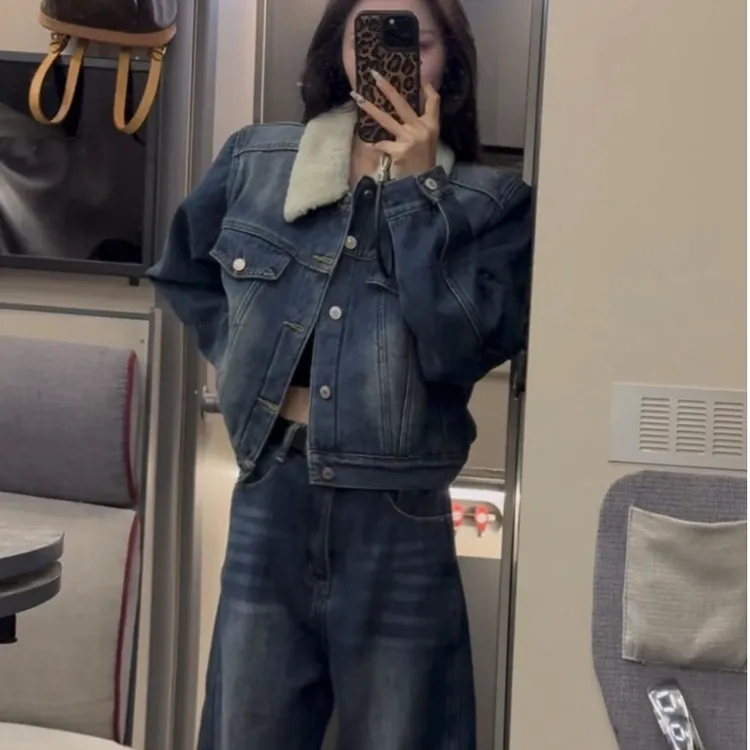 时尚洋气短款加绒加厚牛仔外套+阔腿长裤两件套装女2025秋冬新款