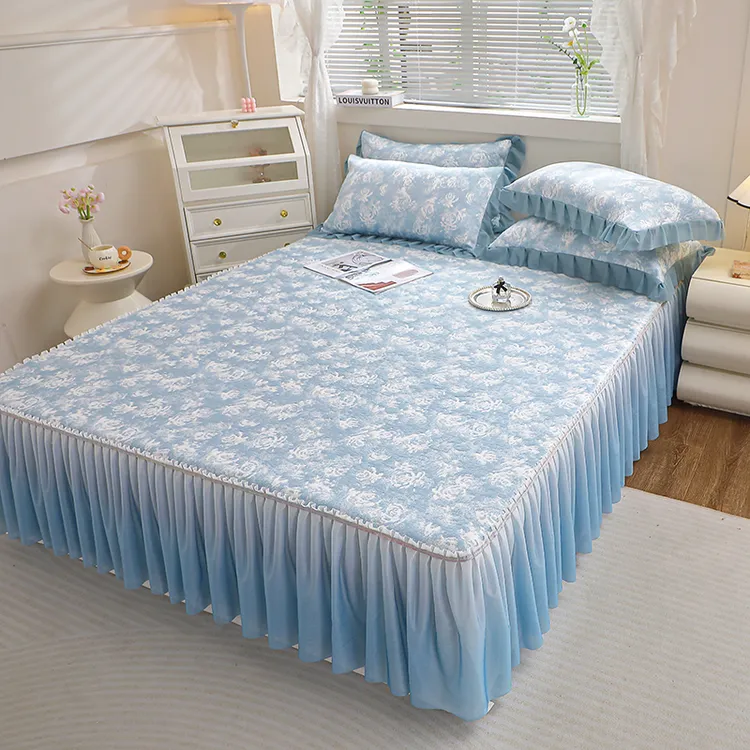 A类母婴级夏天专用冰丝玫瑰凉感床裙软凉席三件套防滑透气可机洗