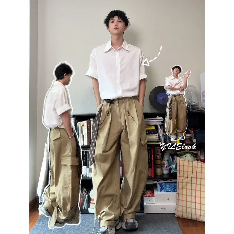 QIUYIDAODI2025年夏季新款男生休闲裤宽松多口袋工装裤子男生裤子