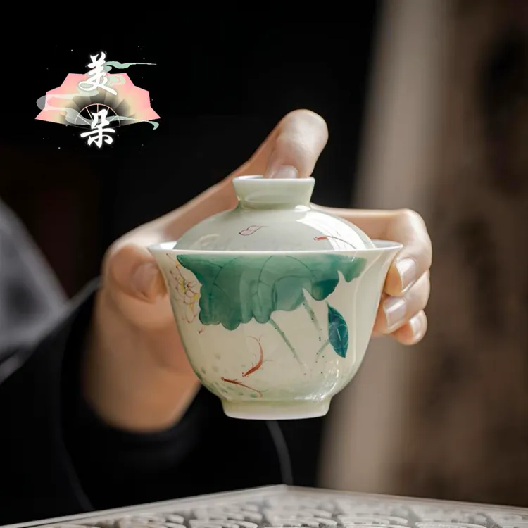 美朵|白瓷纯手绘荷花盖碗家用不烫手功夫茶具薄胎泡茶碗釉下彩