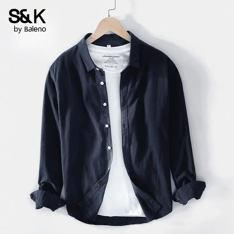 班尼路纯棉长袖衬衫男士春秋新款高端薄款休闲百搭纯色衬衣外套男