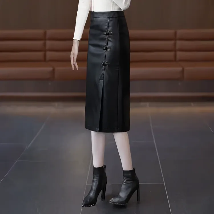 新中式皮裙国风半身裙中长款女高腰显瘦百搭半裙秋冬季开叉A字裙