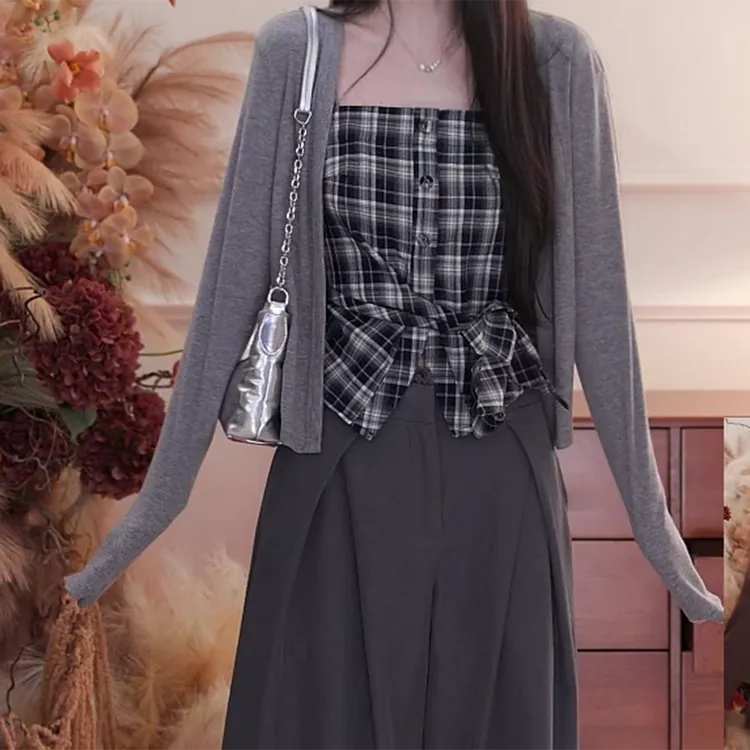 复古时尚针织开衫女秋季新款秋季减龄开衫+吊带C6155