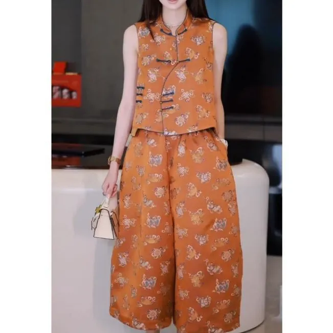新中式国风洋气减龄穿搭小众独特别致橘色印花上衣套装裤2025夏装
