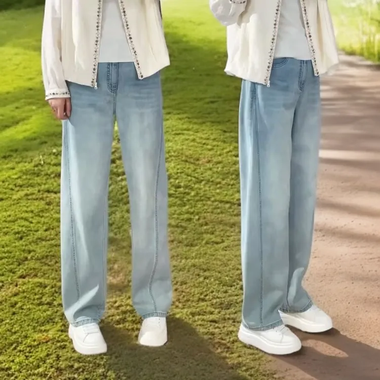 汉麻牛仔裤女夏薄款窄版直筒裤高腰显瘦垂大码浅蓝色梨形身材裤子