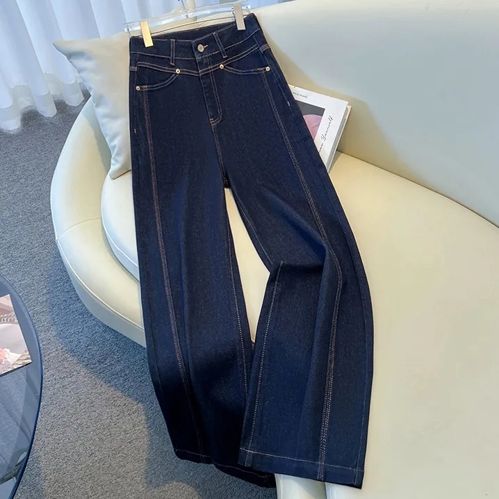 高端加绒丹宁蓝阔腿裤牛仔裤女秋冬2025超火九分裤窄版加厚直筒裤
