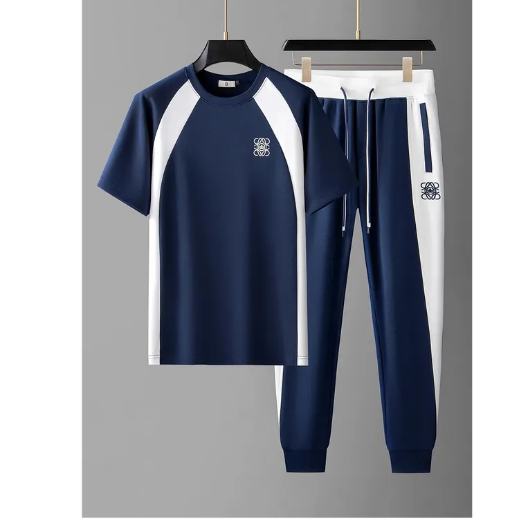 夏季时尚潮流个性撞色拼接冰丝太空棉莫代尔男士短袖休闲运动套装