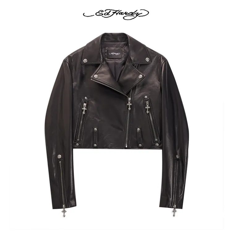 Ed Hardy埃德哈迪秋季新款经典十字架贴皮绣女士皮衣外套E1QDW333