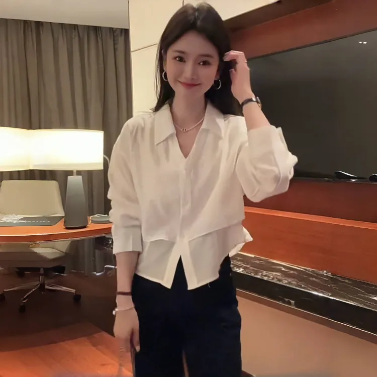 2025春秋季新款女士白色假两件衬衫时尚休闲减龄系带收腰显瘦上衣