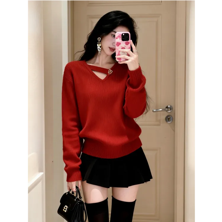 2025冬季新款法式轻奢时尚气质女装爆款洋气绝美红色毛衣针织衫女