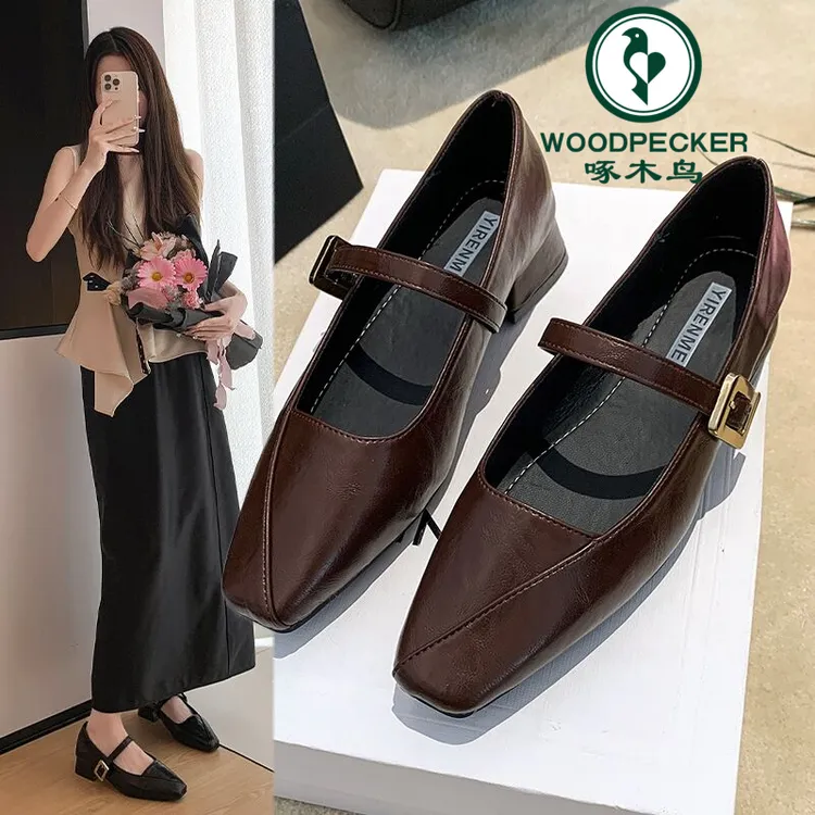 啄木鸟小众气质一字带浅口单鞋女2025春夏新款低跟玛丽珍鞋配裙子