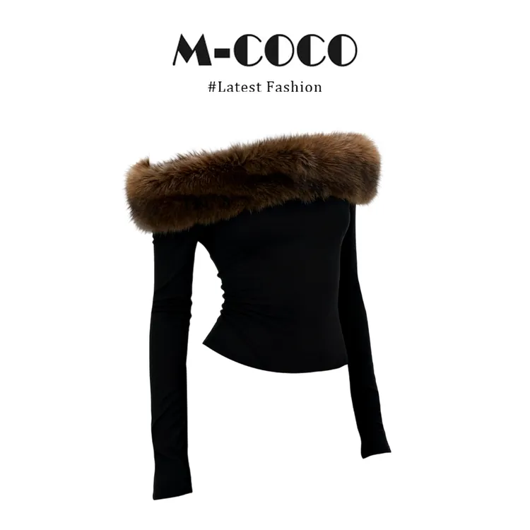 parkyeon香肩反叛~黑色毛毛领一字肩长袖T恤女秋冬露肩抹胸上衣